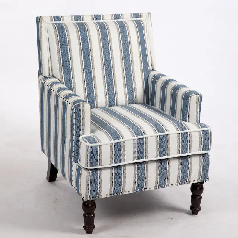 Fauteuil d'appoint, revêtement en lin à rayures bleues et blanches, mousse haute densité, structure en bois massif, pieds tournés, bleu, pour 1 personne