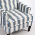 Fauteuil d'appoint, revêtement en lin à rayures bleues et blanches, mousse haute densité, structure en bois massif, pieds tournés, bleu, pour 1 personne