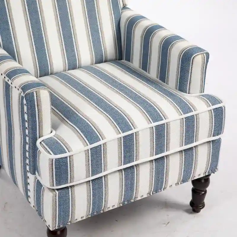 Fauteuil d'appoint, revêtement en lin à rayures bleues et blanches, mousse haute densité, structure en bois massif, pieds tournés, bleu, pour 1 personne