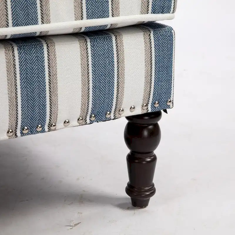 Fauteuil d'appoint, revêtement en lin à rayures bleues et blanches, mousse haute densité, structure en bois massif, pieds tournés, bleu, pour 1 personne