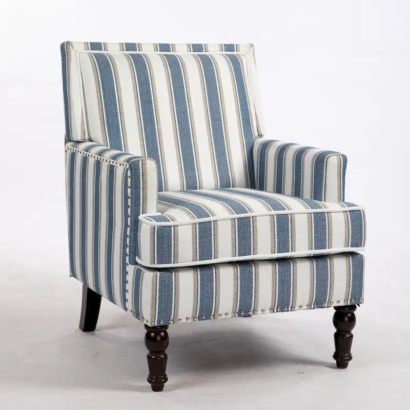 Fauteuil d'appoint, revêtement en lin à rayures bleues et blanches, mousse haute densité, structure en bois massif, pieds tournés, bleu, pour 1 personne