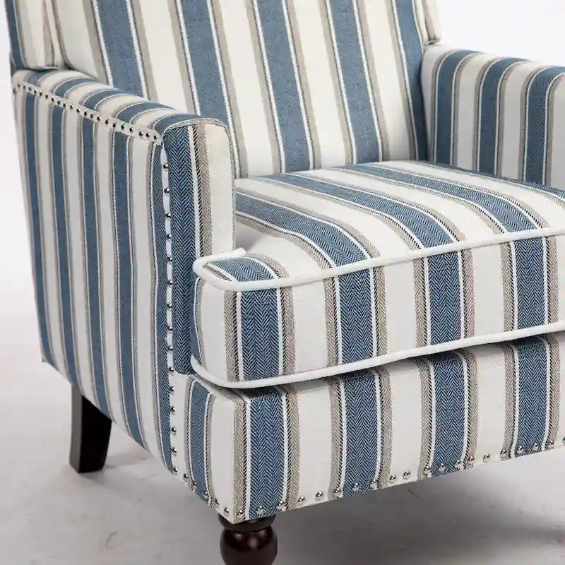 Fauteuil d'appoint, revêtement en lin à rayures bleues et blanches, mousse haute densité, structure en bois massif, pieds tournés, bleu, pour 1 personne