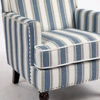 Fauteuil d'appoint, revêtement en lin à rayures bleues et blanches, mousse haute densité, structure en bois massif, pieds tournés, bleu, pour 1 personne