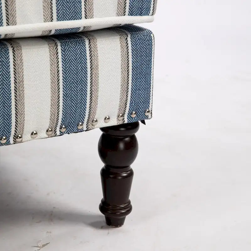 Fauteuil d'appoint, revêtement en lin à rayures bleues et blanches, mousse haute densité, structure en bois massif, pieds tournés, bleu, pour 1 personne