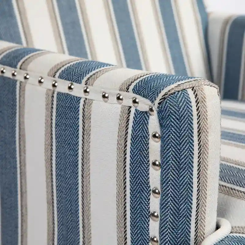 Fauteuil d'appoint, revêtement en lin à rayures bleues et blanches, mousse haute densité, structure en bois massif, pieds tournés, bleu, pour 1 personne