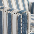 Fauteuil d'appoint, revêtement en lin à rayures bleues et blanches, mousse haute densité, structure en bois massif, pieds tournés, bleu, pour 1 personne