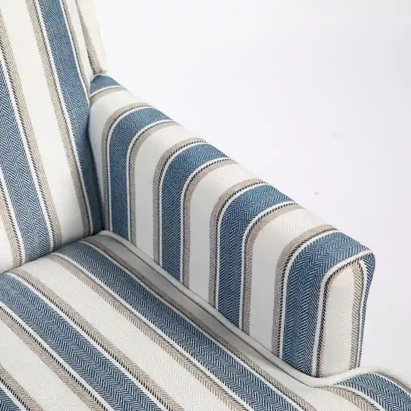 Fauteuil d'appoint, revêtement en lin à rayures bleues et blanches, mousse haute densité, structure en bois massif, pieds tournés, bleu, pour 1 personne