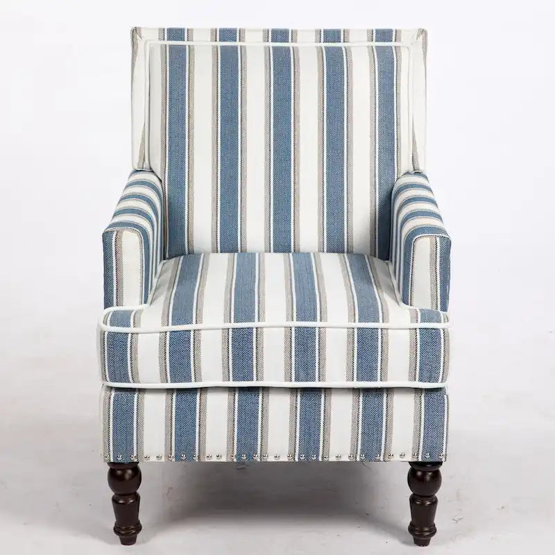 Fauteuil d'appoint, revêtement en lin à rayures bleues et blanches, mousse haute densité, structure en bois massif, pieds tournés, bleu, pour 1 personne