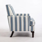Fauteuil d'appoint, revêtement en lin à rayures bleues et blanches, mousse haute densité, structure en bois massif, pieds tournés, bleu, pour 1 personne