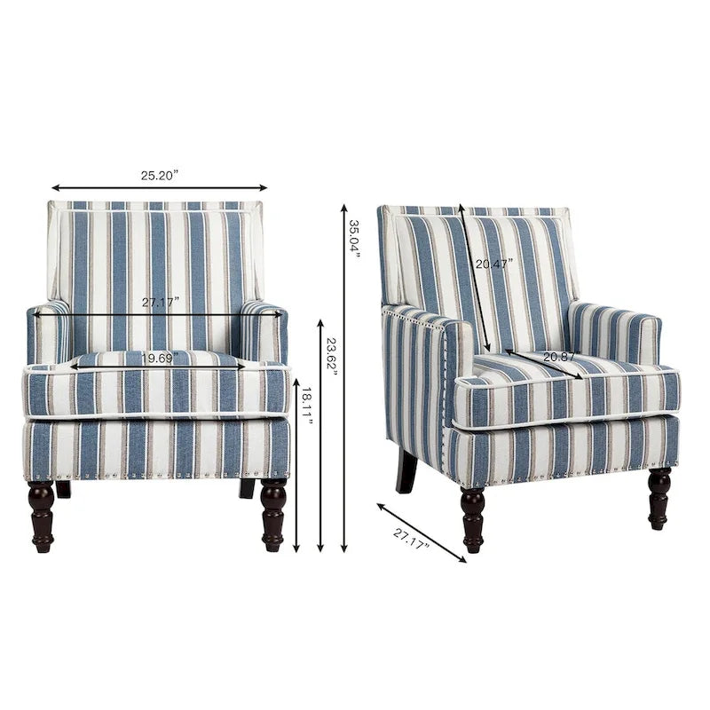 Fauteuil d'appoint, revêtement en lin à rayures bleues et blanches, mousse haute densité, structure en bois massif, pieds tournés, bleu, pour 1 personne