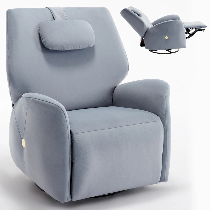 Fauteuil inclinable électrique, pivotant à 270°, bascule, inclinaison de 110° à 155°, ports USB et Type-C, coussin lombaire amovible, polyester, beige/gris/bleu, 1 personne