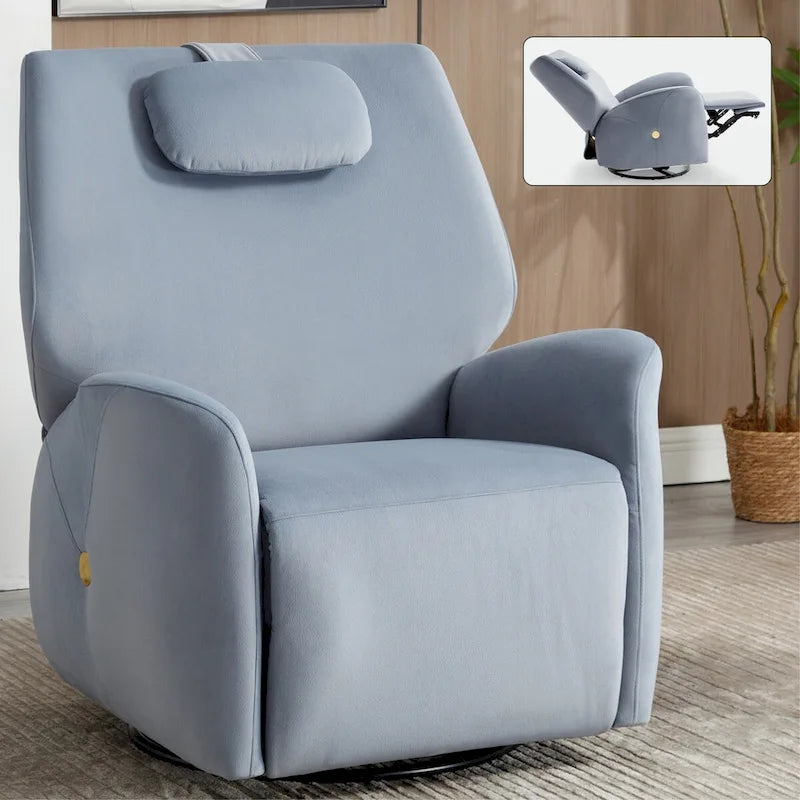 Fauteuil inclinable électrique, pivotant à 270°, bascule, inclinaison de 110° à 155°, ports USB et Type-C, coussin lombaire amovible, polyester, beige/gris/bleu, 1 personne