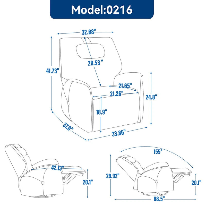 Fauteuil inclinable électrique, pivotant à 270°, bascule, inclinaison de 110° à 155°, ports USB et Type-C, coussin lombaire amovible, polyester, beige/gris/bleu, 1 personne