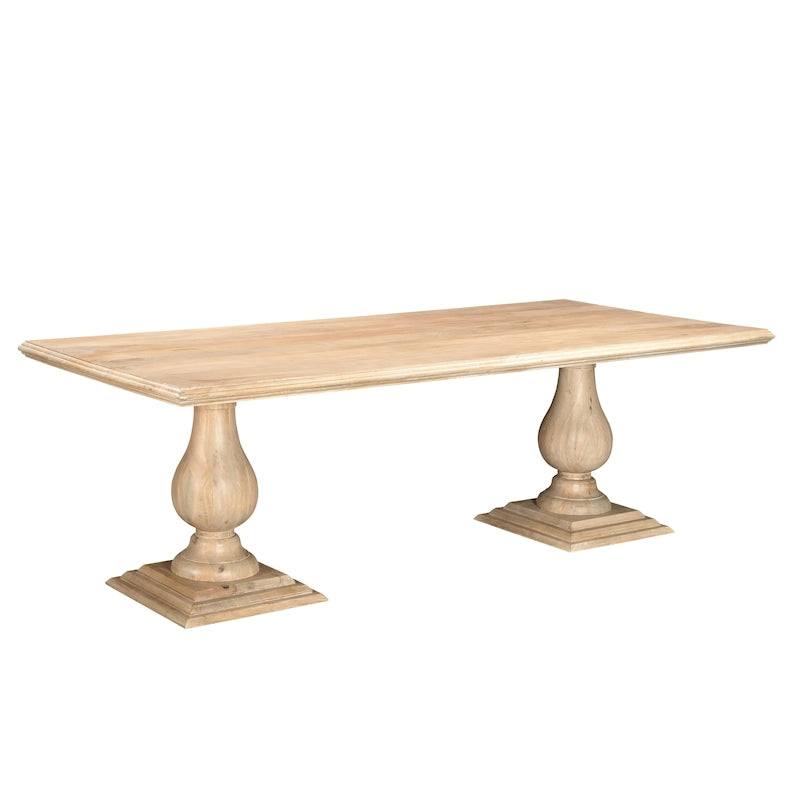 Table à manger rectangulaire, pieds doubles sculptés en piédestal, plateau à bord mouluré, bois de manguier massif, 75 L / 96 L, beige / marron, 6-8 personnes