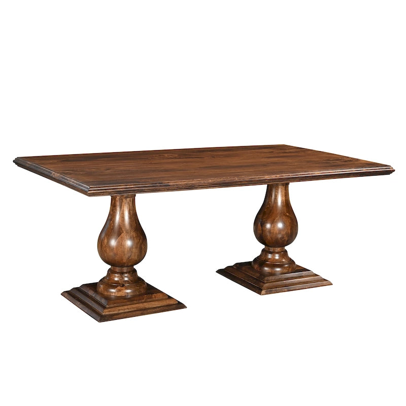 Table à manger rectangulaire, pieds doubles sculptés en piédestal, plateau à bord mouluré, bois de manguier massif, 75 L / 96 L, beige / marron, 6-8 personnes