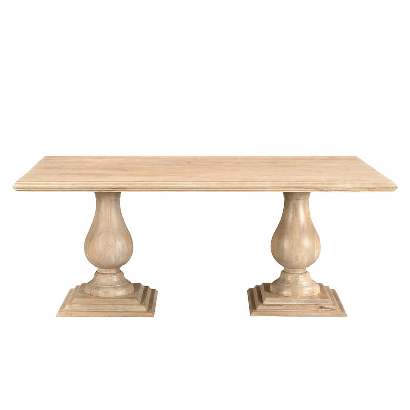 Table à manger rectangulaire, pieds doubles sculptés en piédestal, plateau à bord mouluré, bois de manguier massif, 75 L / 96 L, beige / marron, 6-8 personnes