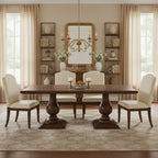 Table à manger rectangulaire, pieds doubles sculptés en piédestal, plateau à bord mouluré, bois de manguier massif, 75 L / 96 L, beige / marron, 6-8 personnes