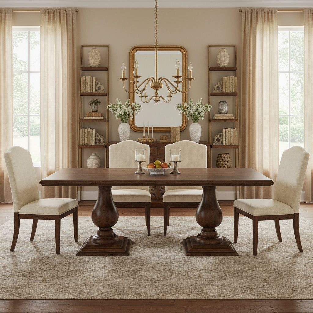 Table à manger rectangulaire, pieds doubles sculptés en piédestal, plateau à bord mouluré, bois de manguier massif, 75 L / 96 L, beige / marron, 6-8 personnes