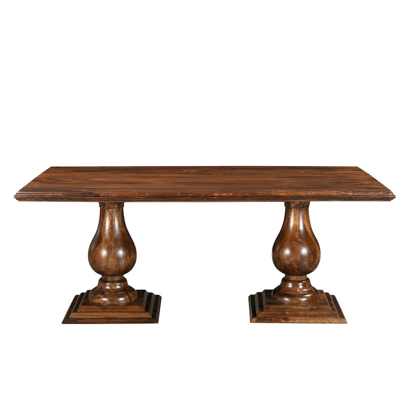 Table à manger rectangulaire, pieds doubles sculptés en piédestal, plateau à bord mouluré, bois de manguier massif, 75 L / 96 L, beige / marron, 6-8 personnes