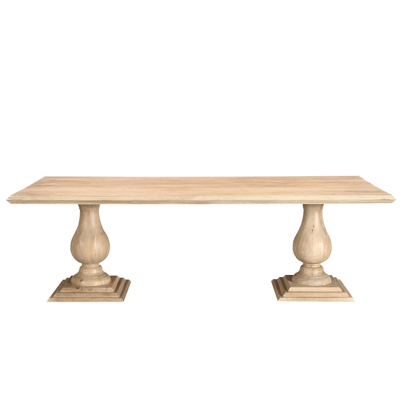 Table à manger rectangulaire, pieds doubles sculptés en piédestal, plateau à bord mouluré, bois de manguier massif, 75 L / 96 L, beige / marron, 6-8 personnes