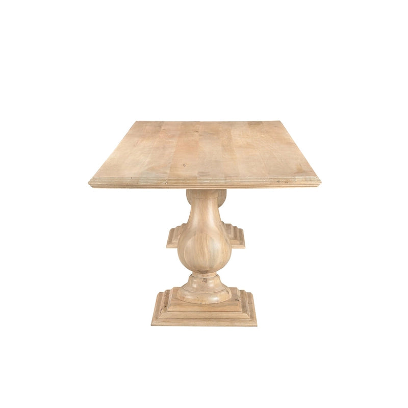 Table à manger rectangulaire, pieds doubles sculptés en piédestal, plateau à bord mouluré, bois de manguier massif, 75 L / 96 L, beige / marron, 6-8 personnes