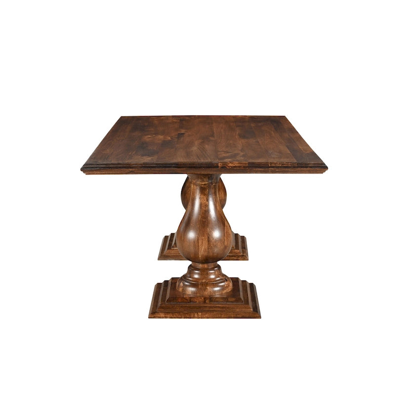 Table à manger rectangulaire, pieds doubles sculptés en piédestal, plateau à bord mouluré, bois de manguier massif, 75 L / 96 L, beige / marron, 6-8 personnes
