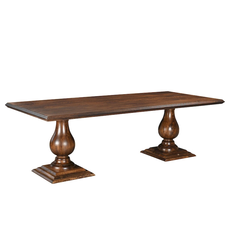 Table à manger rectangulaire, pieds doubles sculptés en piédestal, plateau à bord mouluré, bois de manguier massif, 75 L / 96 L, beige / marron, 6-8 personnes