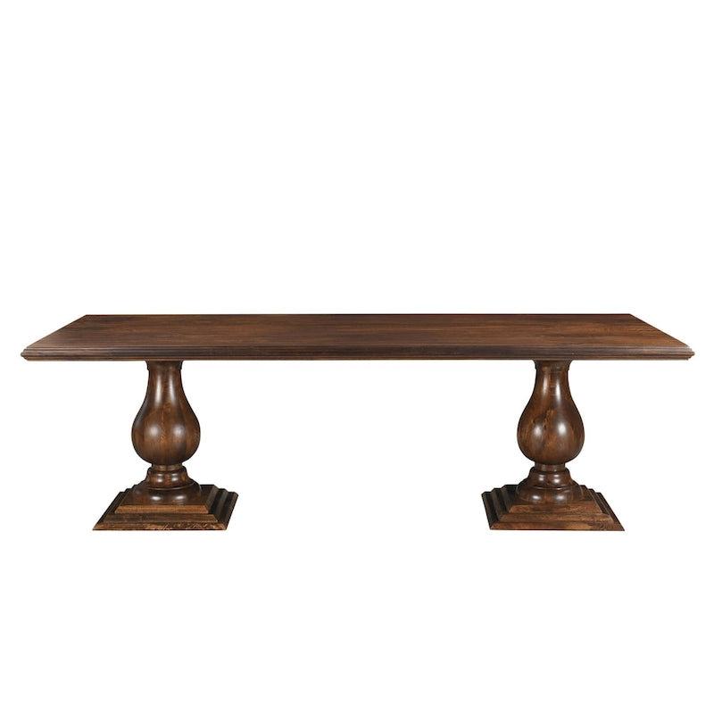 Table à manger rectangulaire, pieds doubles sculptés en piédestal, plateau à bord mouluré, bois de manguier massif, 75 L / 96 L, beige / marron, 6-8 personnes