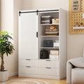 Armoire penderie, porte coulissante façon grange, tringle à vêtements, 4 tiroirs, 4 étagères ouvertes, MDF, blanc, usage par 1 personne
