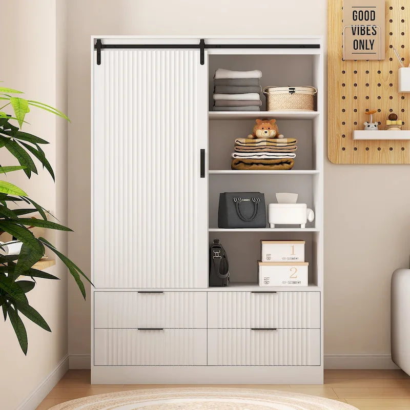 Armoire penderie, porte coulissante façon grange, tringle à vêtements, 4 tiroirs, 4 étagères ouvertes, MDF, blanc, usage par 1 personne