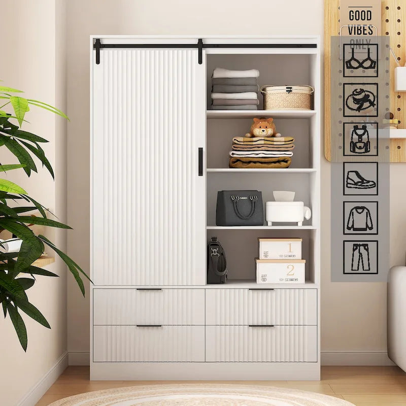 Armoire penderie, porte coulissante façon grange, tringle à vêtements, 4 tiroirs, 4 étagères ouvertes, MDF, blanc, usage par 1 personne