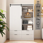 Armoire penderie, porte coulissante façon grange, tringle à vêtements, 4 tiroirs, 4 étagères ouvertes, MDF, blanc, usage par 1 personne