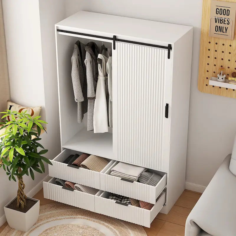 Armoire penderie, porte coulissante façon grange, tringle à vêtements, 4 tiroirs, 4 étagères ouvertes, MDF, blanc, usage par 1 personne