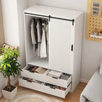 Armoire penderie, porte coulissante façon grange, tringle à vêtements, 4 tiroirs, 4 étagères ouvertes, MDF, blanc, usage par 1 personne