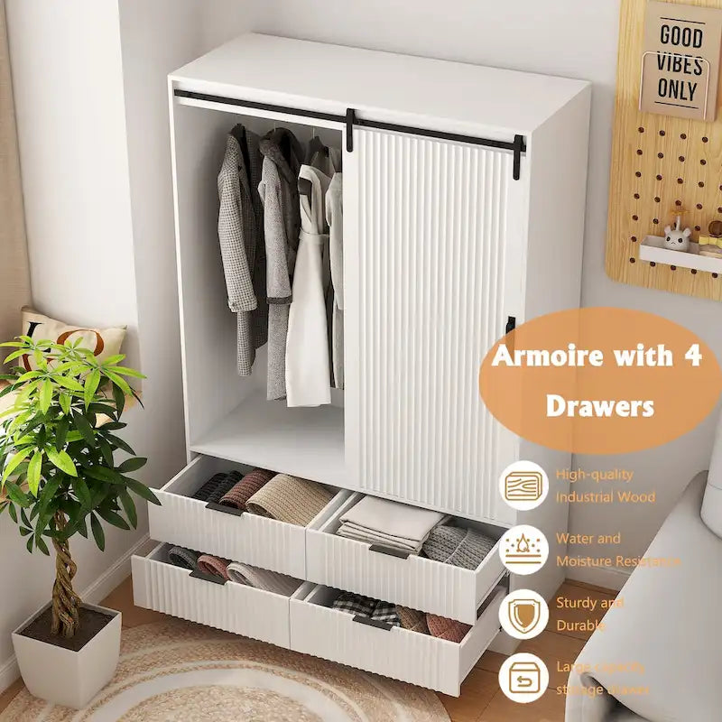 Armoire penderie, porte coulissante façon grange, tringle à vêtements, 4 tiroirs, 4 étagères ouvertes, MDF, blanc, usage par 1 personne