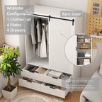 Armoire penderie, porte coulissante façon grange, tringle à vêtements, 4 tiroirs, 4 étagères ouvertes, MDF, blanc, usage par 1 personne