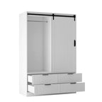 Armoire penderie, porte coulissante façon grange, tringle à vêtements, 4 tiroirs, 4 étagères ouvertes, MDF, blanc, usage par 1 personne