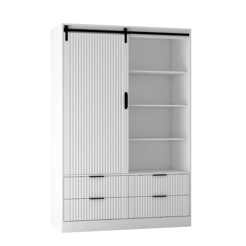 Armoire penderie, porte coulissante façon grange, tringle à vêtements, 4 tiroirs, 4 étagères ouvertes, MDF, blanc, usage par 1 personne