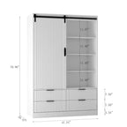 Armoire penderie, porte coulissante façon grange, tringle à vêtements, 4 tiroirs, 4 étagères ouvertes, MDF, blanc, usage par 1 personne