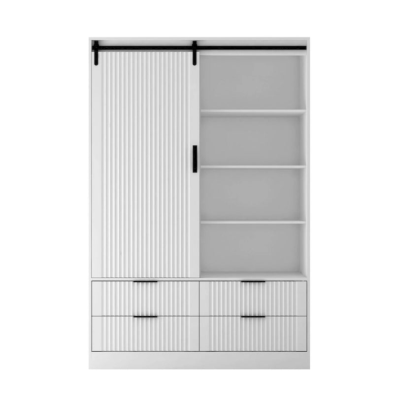 Armoire penderie, porte coulissante façon grange, tringle à vêtements, 4 tiroirs, 4 étagères ouvertes, MDF, blanc, usage par 1 personne