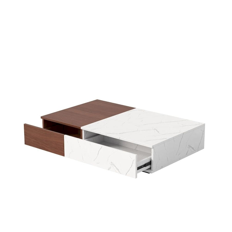 Table basse, 2 étagères de rangement ouvertes, plateau en MDF, piètement en A, bicolore, blanc et noir, usage individuel
