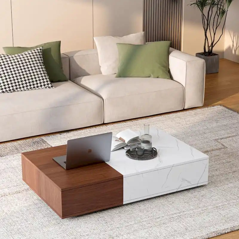 Table basse, 2 étagères de rangement ouvertes, plateau en MDF, piètement en A, bicolore, blanc et noir, usage individuel