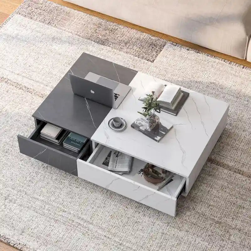 Table basse, 2 étagères de rangement ouvertes, plateau en MDF, piètement en A, bicolore, blanc et noir, usage individuel