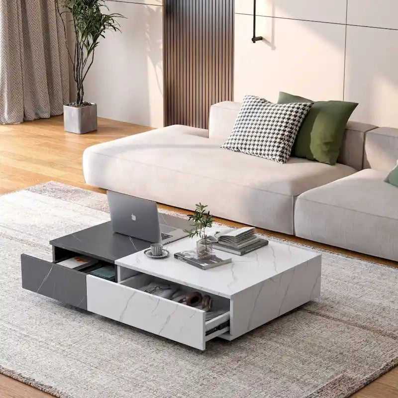 Table basse, 2 étagères de rangement ouvertes, plateau en MDF, piètement en A, bicolore, blanc et noir, usage individuel