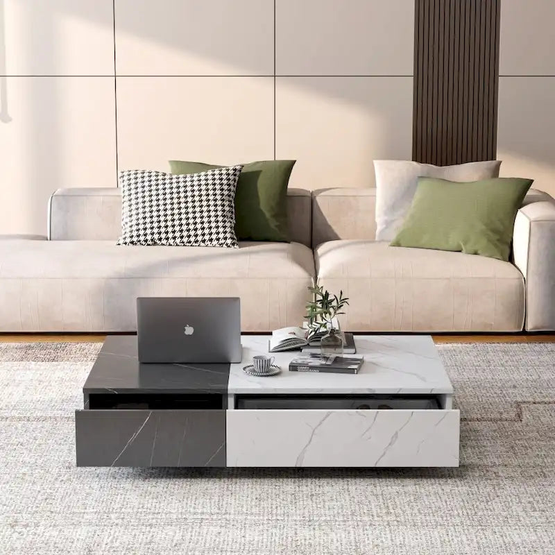 Table basse, 2 étagères de rangement ouvertes, plateau en MDF, piètement en A, bicolore, blanc et noir, usage individuel
