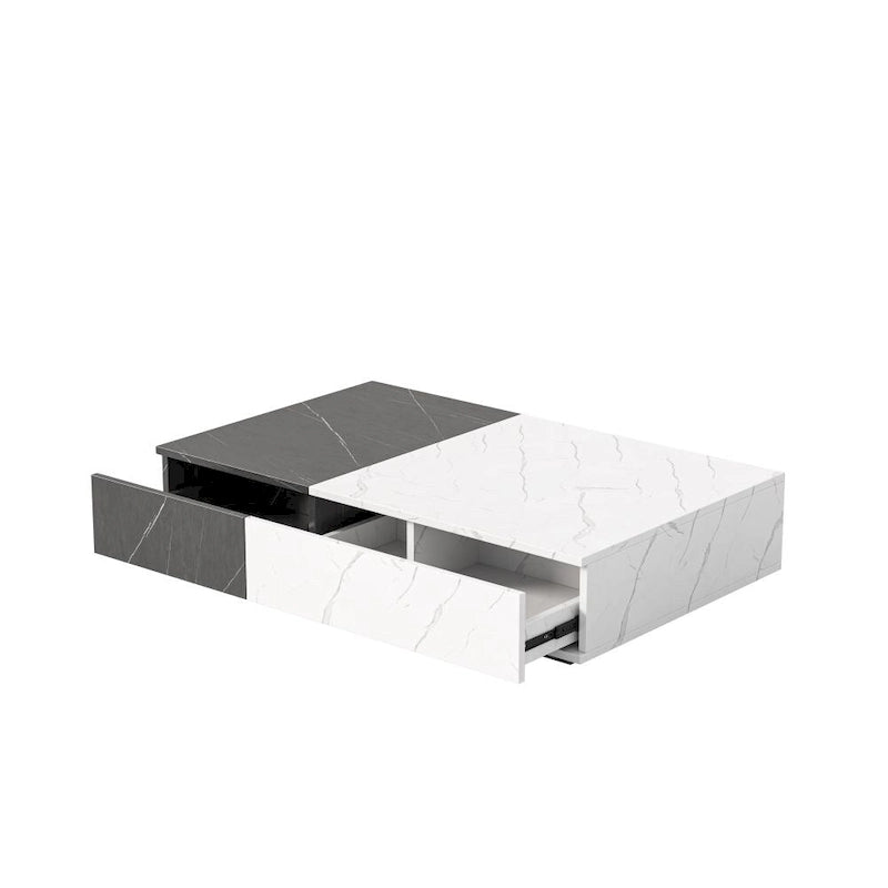 Table basse, 2 étagères de rangement ouvertes, plateau en MDF, piètement en A, bicolore, blanc et noir, usage individuel
