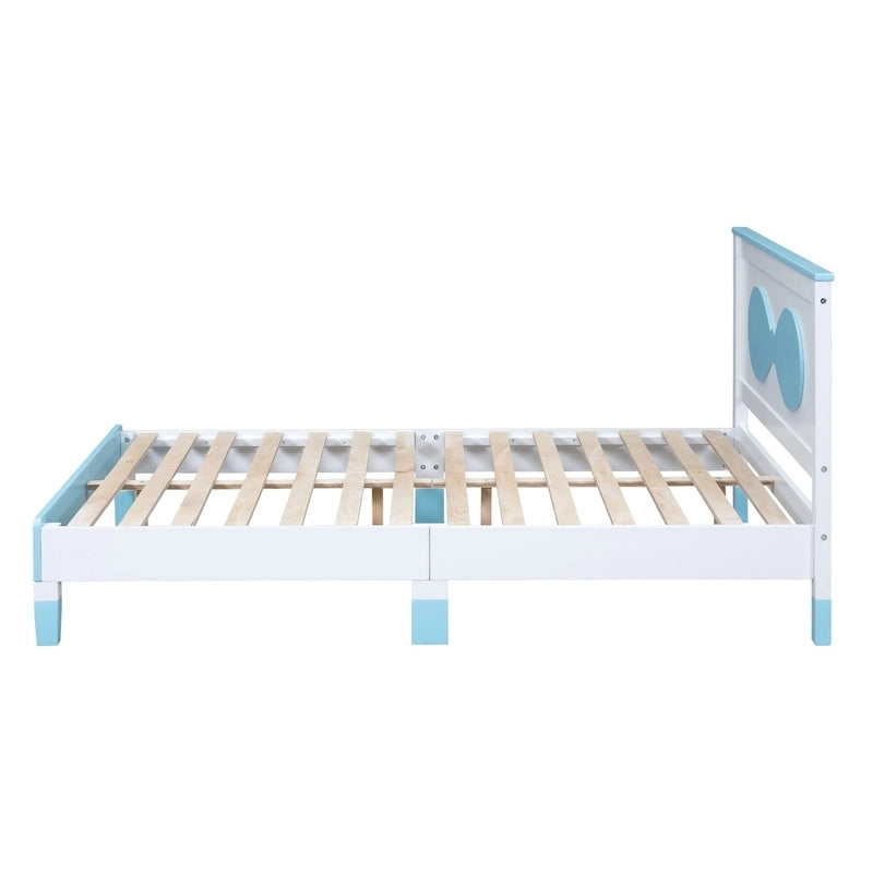 Lit plateforme double pour enfant, tête de lit en forme d'arc, cadre en bois, blanc et bleu, pour 1 personne