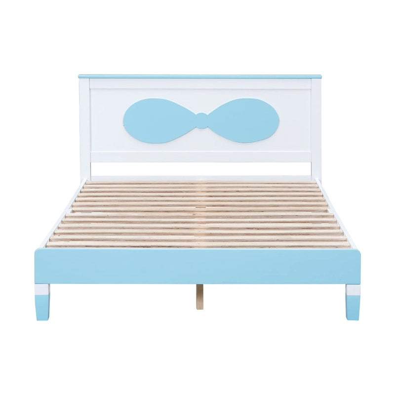 Lit plateforme double pour enfant, tête de lit en forme d'arc, cadre en bois, blanc et bleu, pour 1 personne