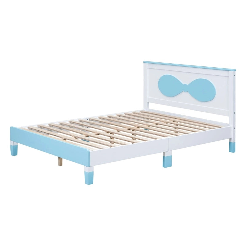 Lit plateforme double pour enfant, tête de lit en forme d'arc, cadre en bois, blanc et bleu, pour 1 personne