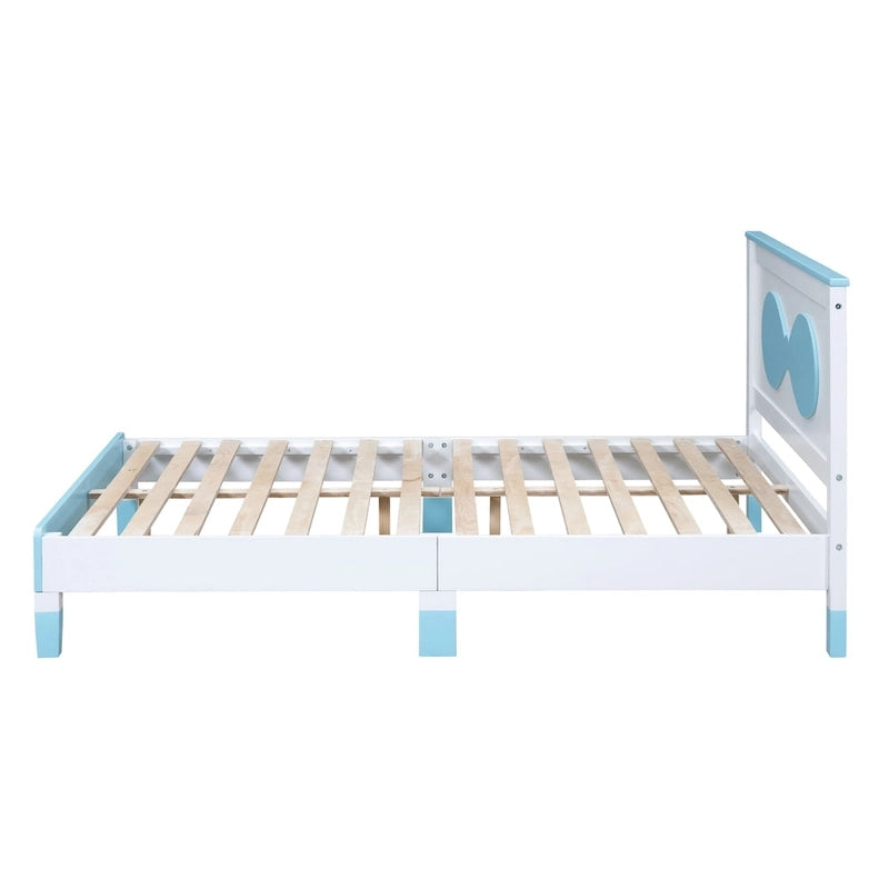 Lit plateforme double pour enfant, tête de lit en forme d'arc, cadre en bois, blanc et bleu, pour 1 personne